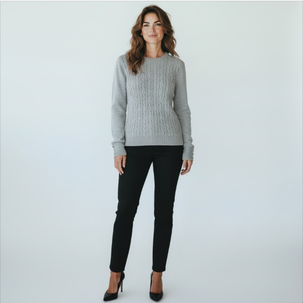 Talbots Classic Gray Cable Knit Crewneck Lambswool Blend Sweater LP